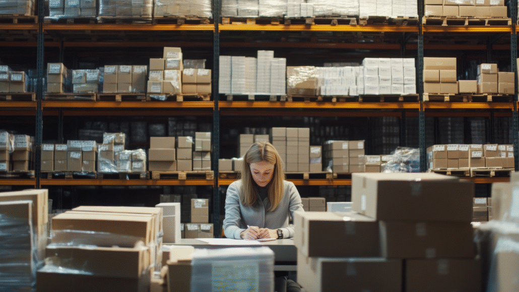 A warehouse manager taking notes on a clipboard during a manual stocktake, illustrating the time-consuming and error-prone nature of traditional inventory methods.
