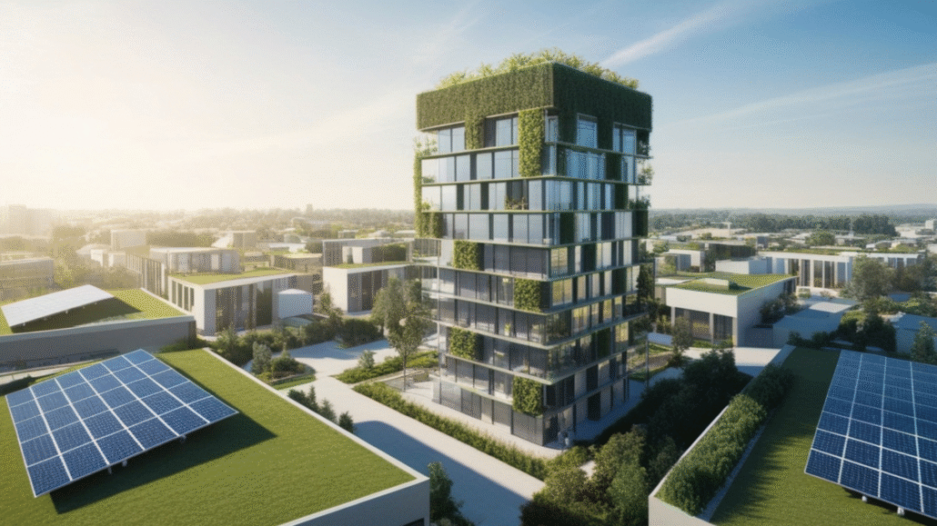 Moderne Hotelfassade mit einer grünen Wand oder Kletterpflanzen, die die Integration von Natur in nachhaltige Architektur für die Green Globe Zertifizierung veranschaulicht.