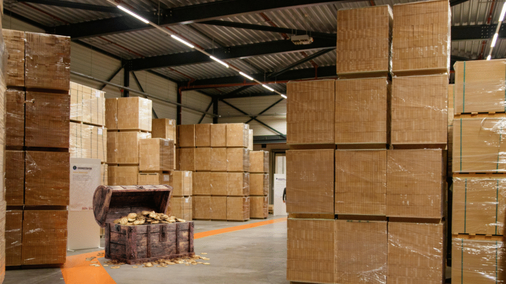 Valeur cachée dans un entrepôt : un stock dormant représenté comme un trésor à découvrir.