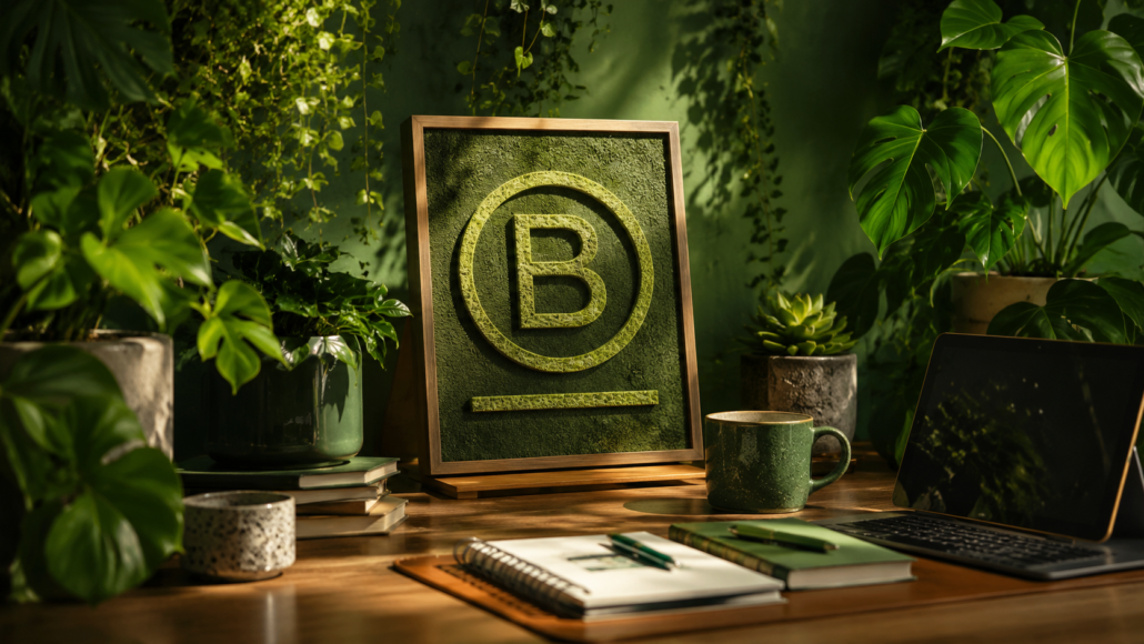 Symboles d'une entreprise certifiée B Corp dans un environnement de bureau moderne et durable